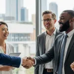 Group of executives meeting and shaking hands in a senior care organization