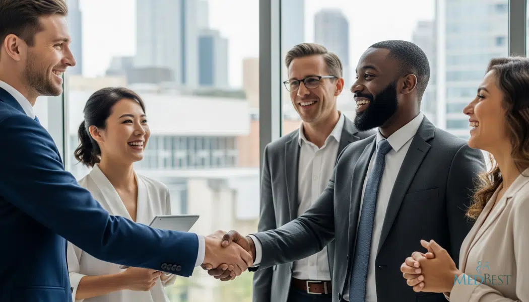 Group of executives meeting and shaking hands in a senior care organization