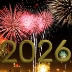 Firecrackers in sky behind the year 2026
